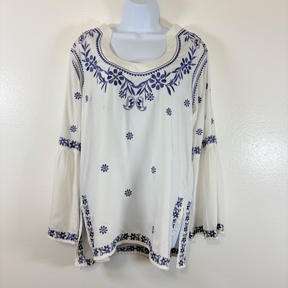 escapada Tops - Escapada Ivory Boho Blouse with Blue Embroidery Side Slits Wide Bell Sleeve SzL